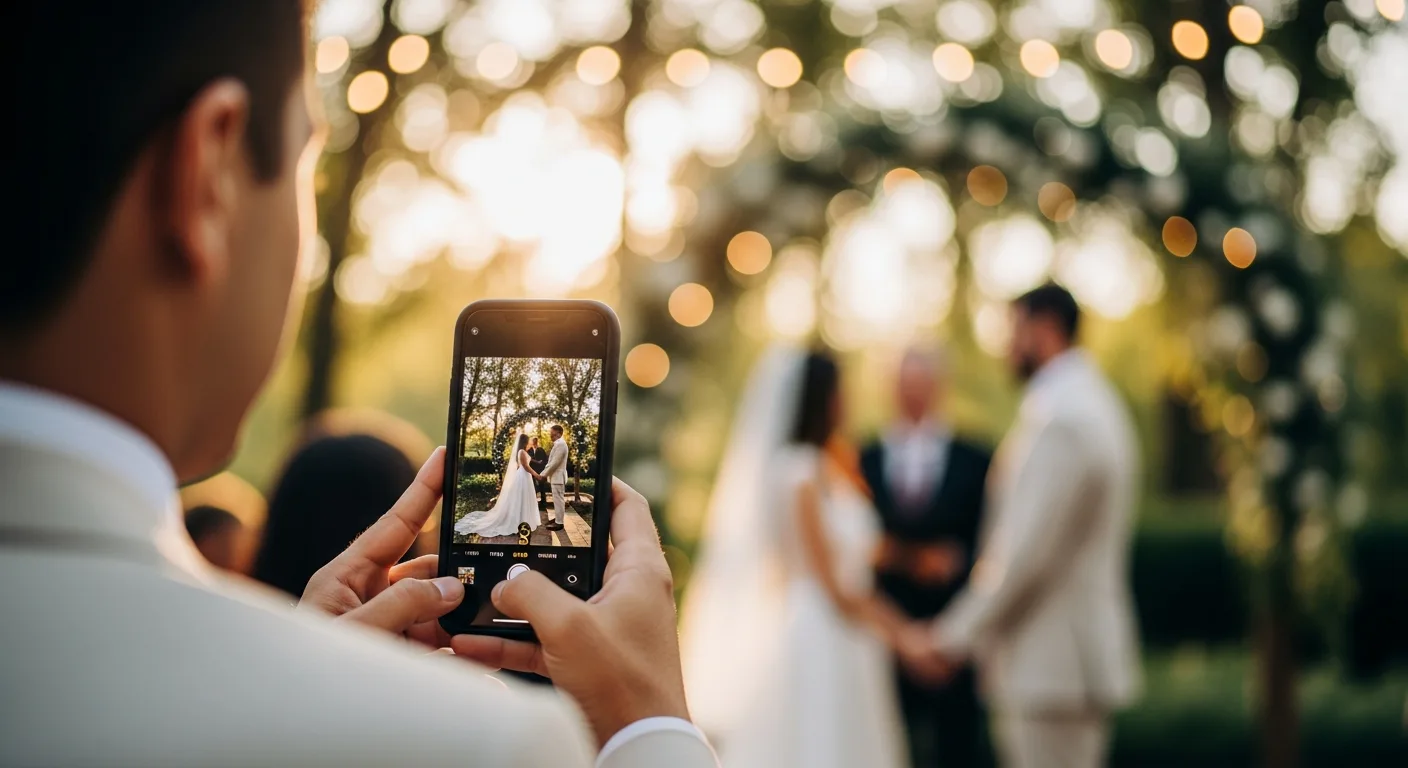 Wedding content creator discreetly filming at a ceremony on iPhone — warm golden light