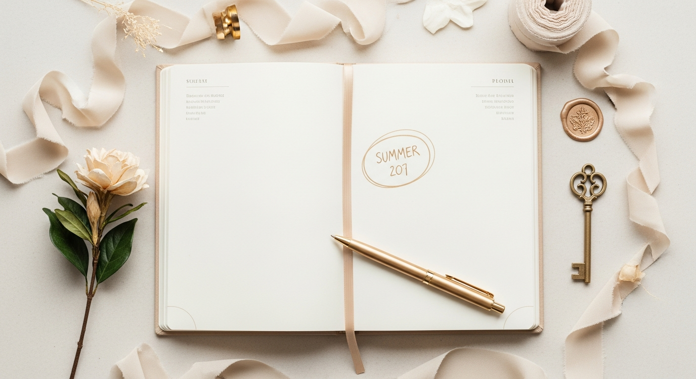 Wedding planner diary open on a summer date with a champagne pen — booking a wedding content creator in advance