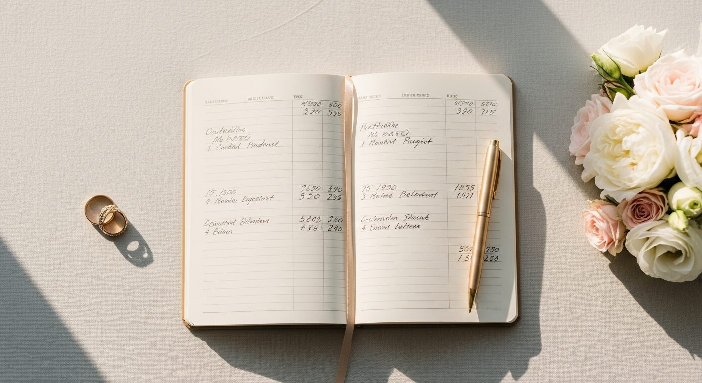 Wedding budget planning flat lay — how much does a wedding content creator cost in the UK