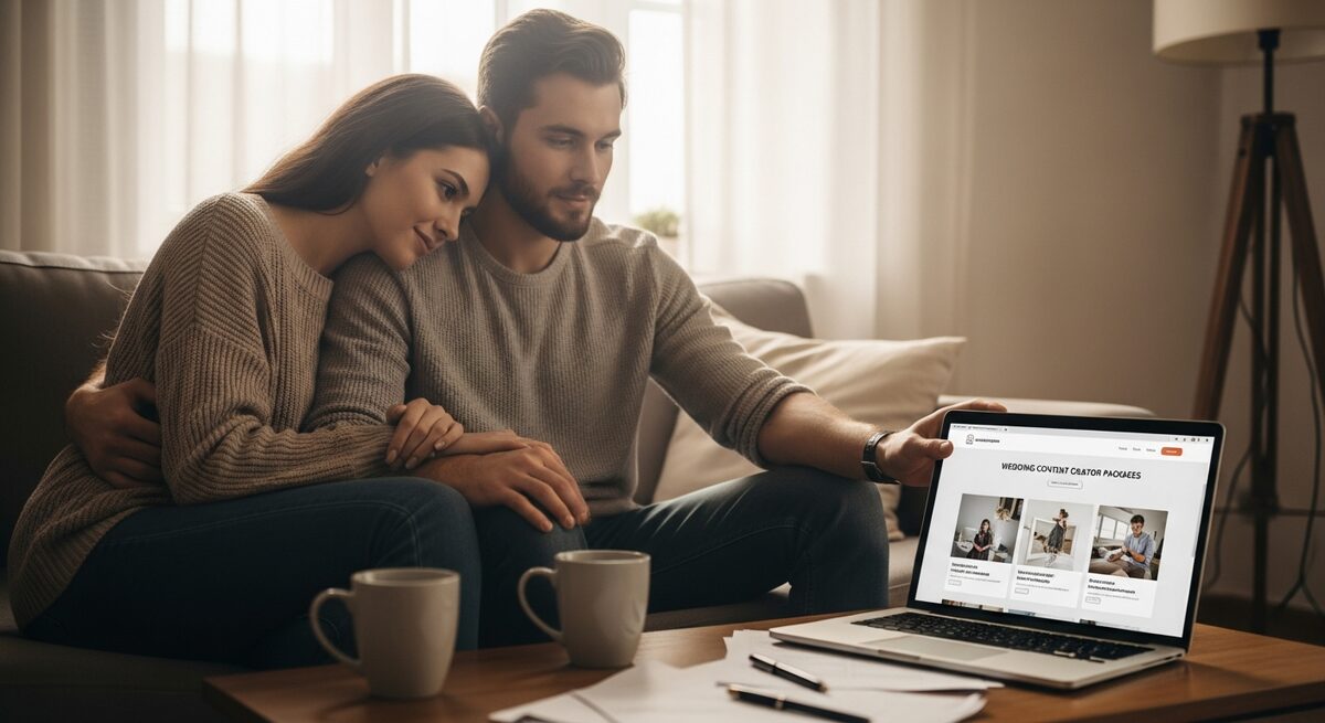 Couple researching wedding content creators together on a laptop — soft morning light, warm and relaxed