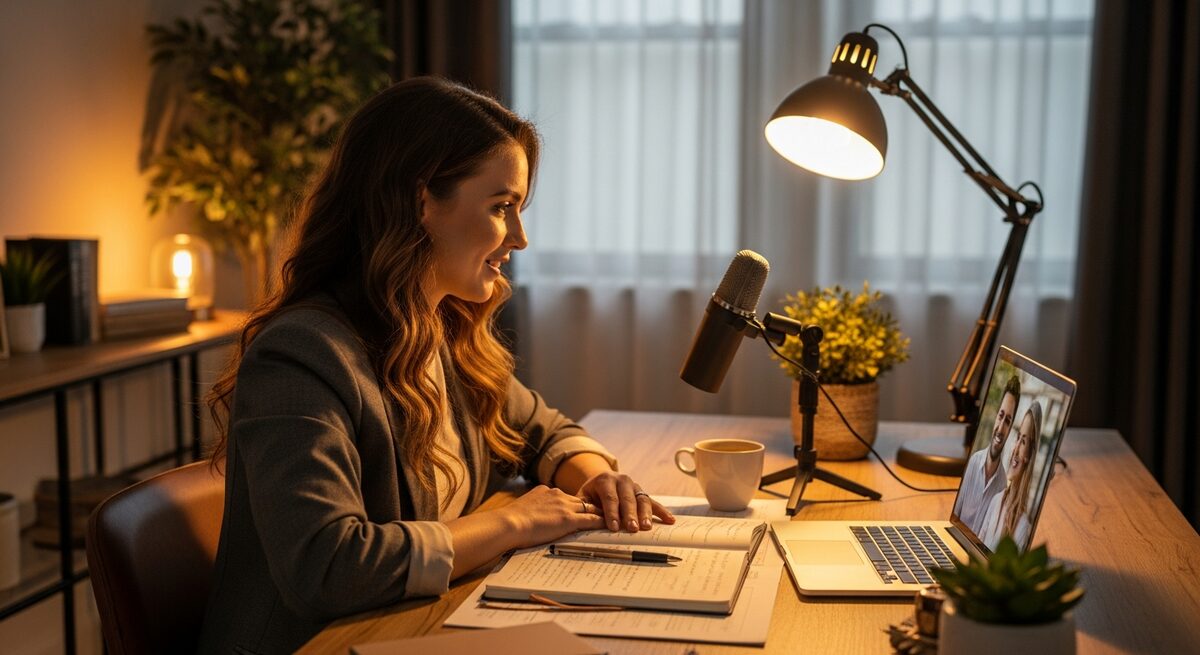 Wedding content creator on a planning video call with a couple — notebook open, warm professional home setting