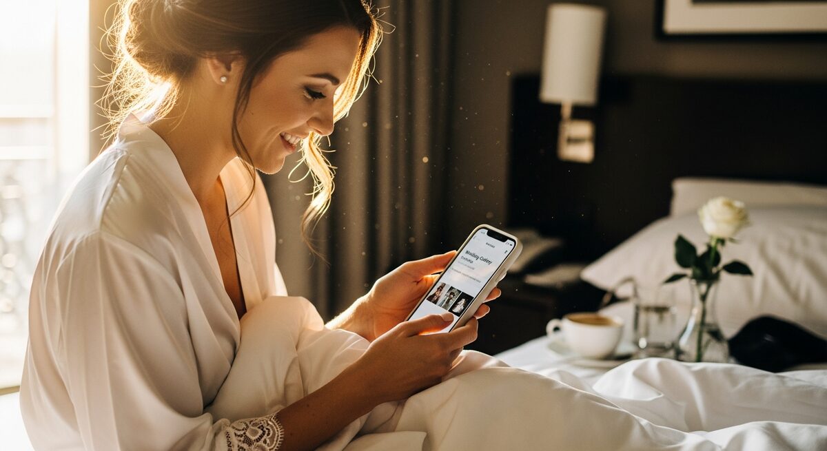 Bride smiling at her phone the morning after her wedding — wedding gallery delivered overnight, golden morning light