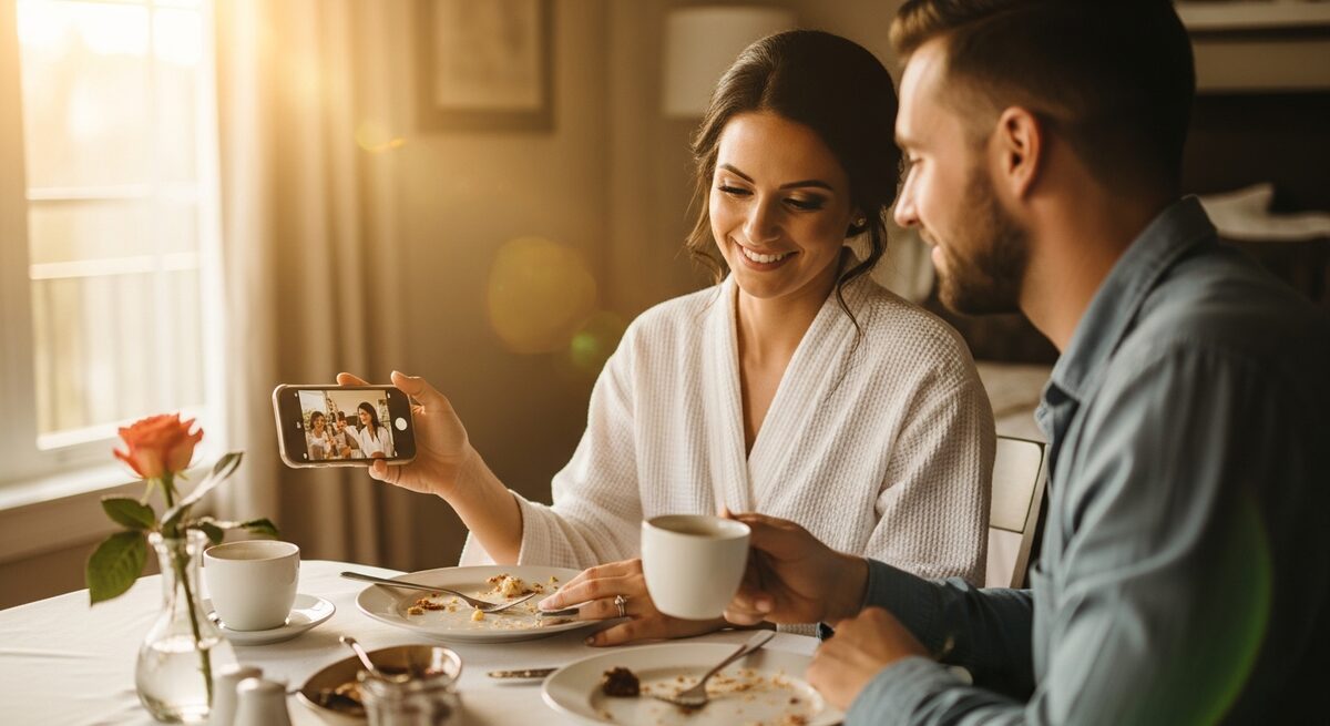 Couple reviewing their wedding content on an iPhone the morning after — warm light, emotional moment