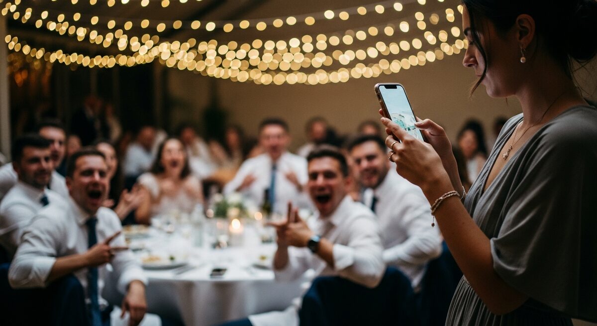 Wedding content creator capturing candid guest moments at a reception — iPhone, warm light, documentary style
