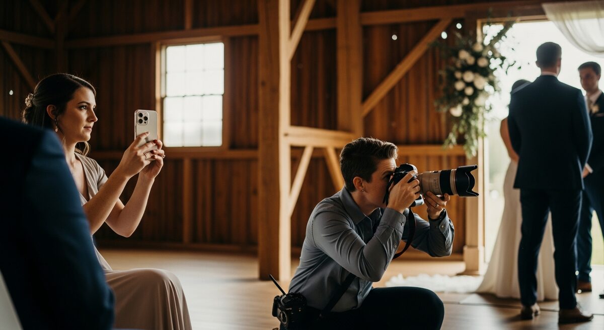 Wedding content creator filming discreetly alongside a wedding photographer at a ceremony — Worcestershire