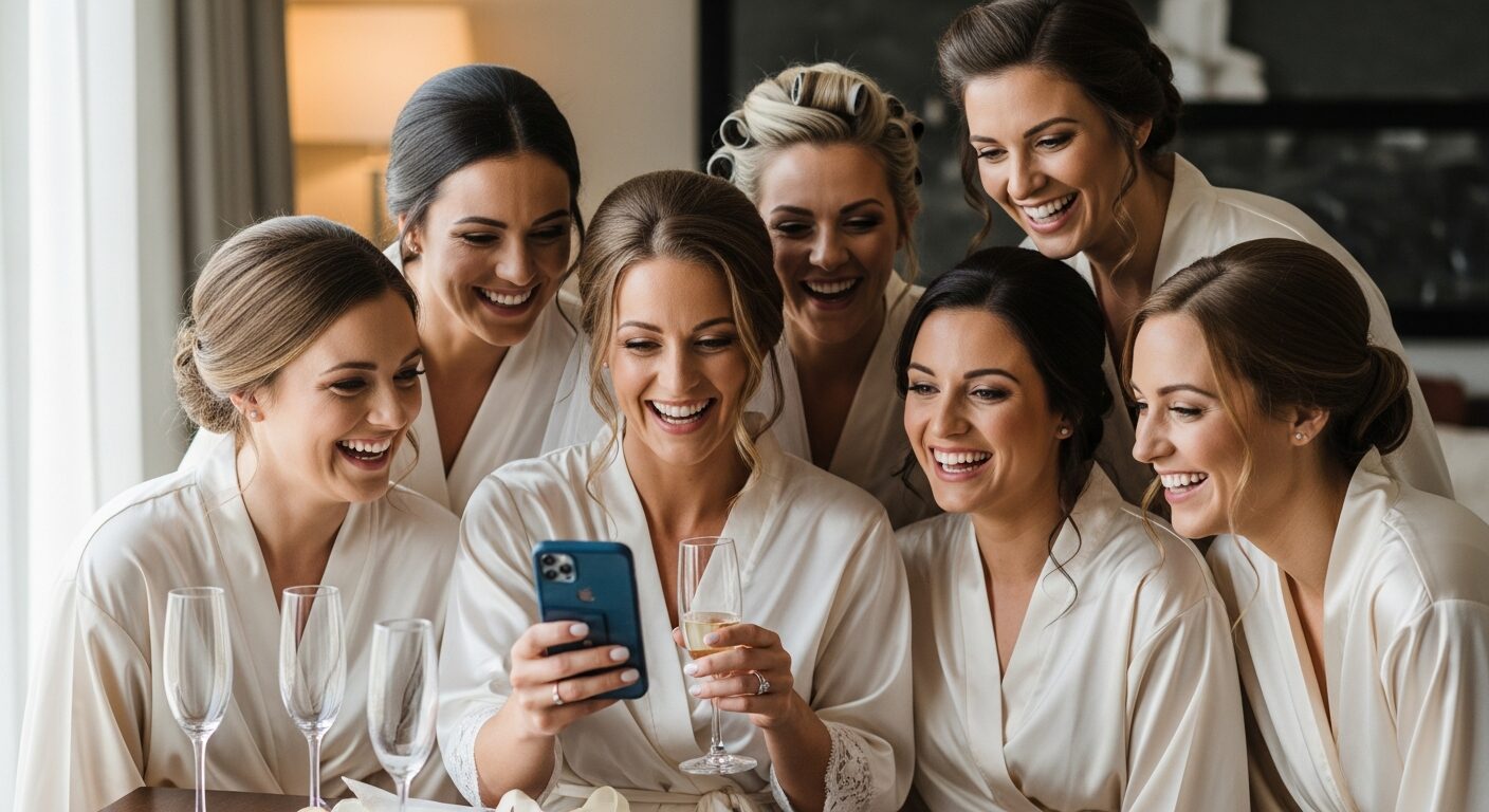 Bride and bridesmaids watching wedding footage the morning after — is a wedding content creator worth it