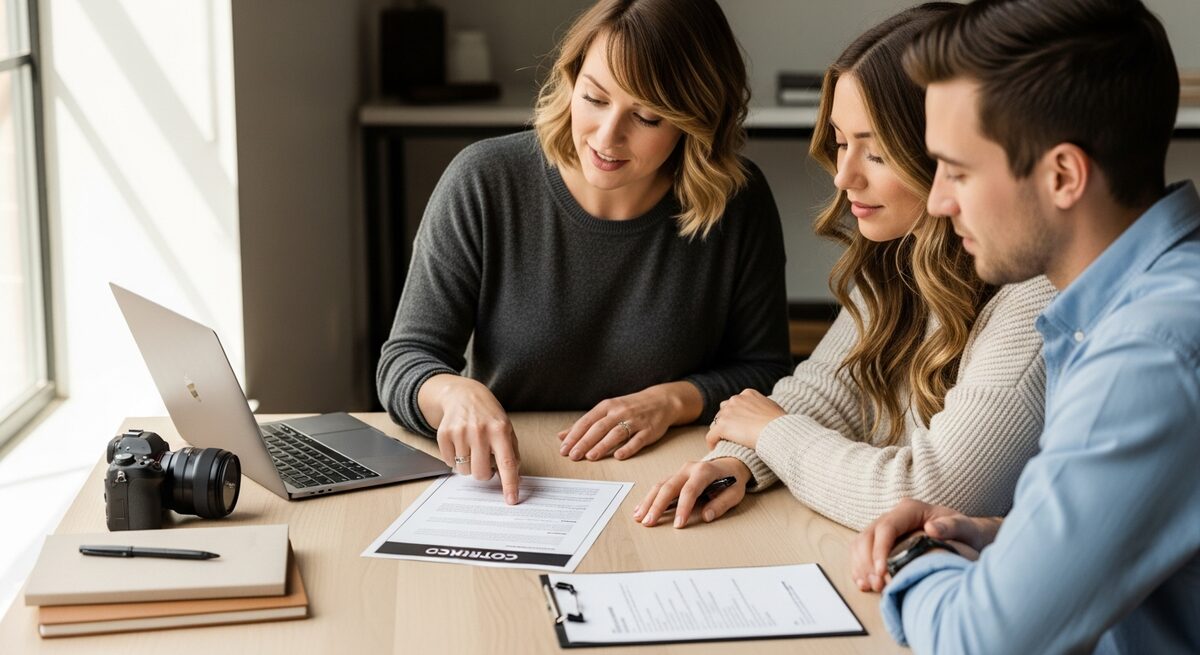 Couple reviewing a wedding content creator contract at a light wooden table — professional and reassuring