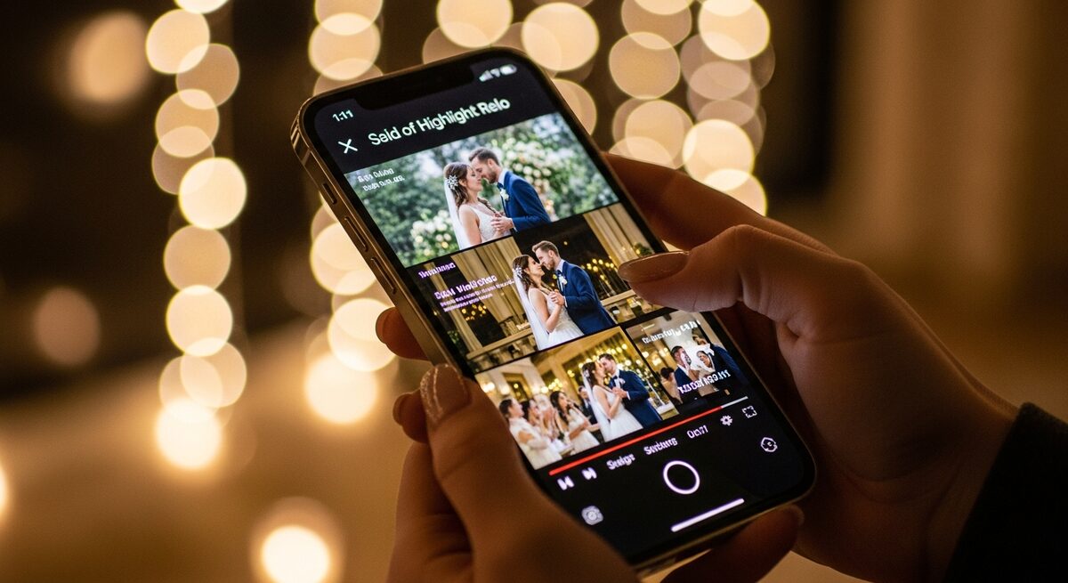 Close-up of hands holding iPhone showing a wedding highlight reel — reviewing a content creator's real portfolio