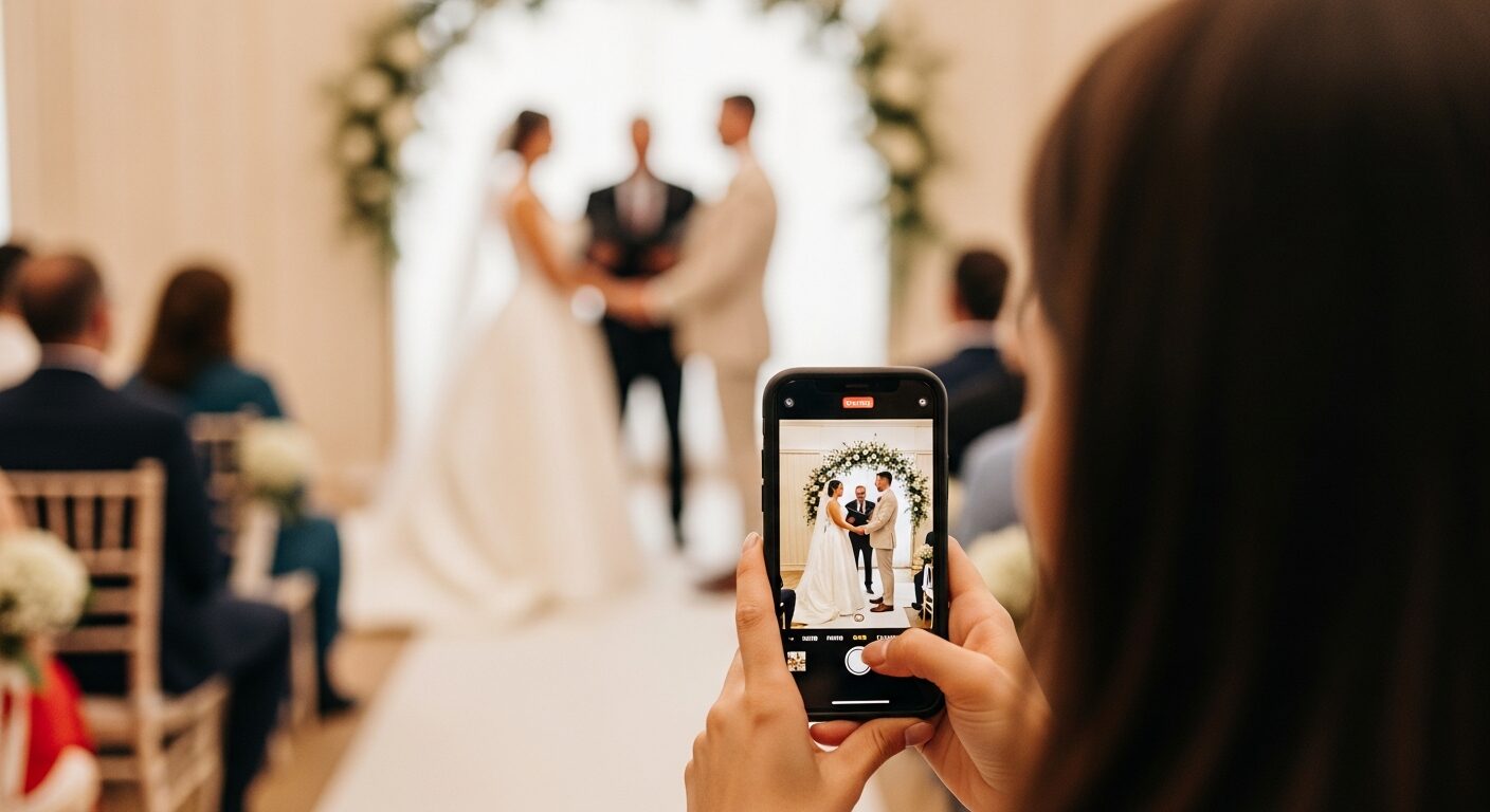 Wedding content creator filming ceremony on iPhone at a Worcestershire wedding
