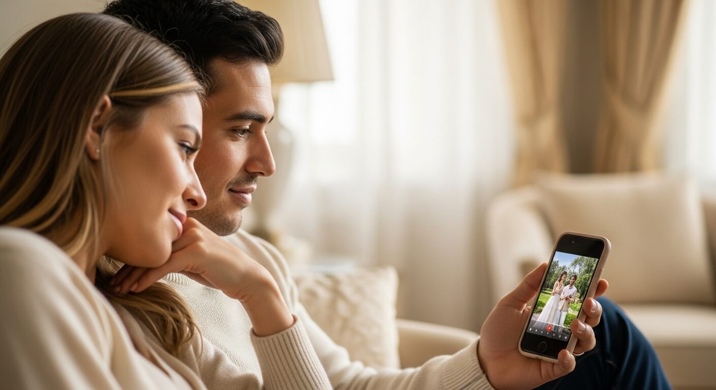 Couple watching their wedding footage together on a phone — what is a wedding content creator