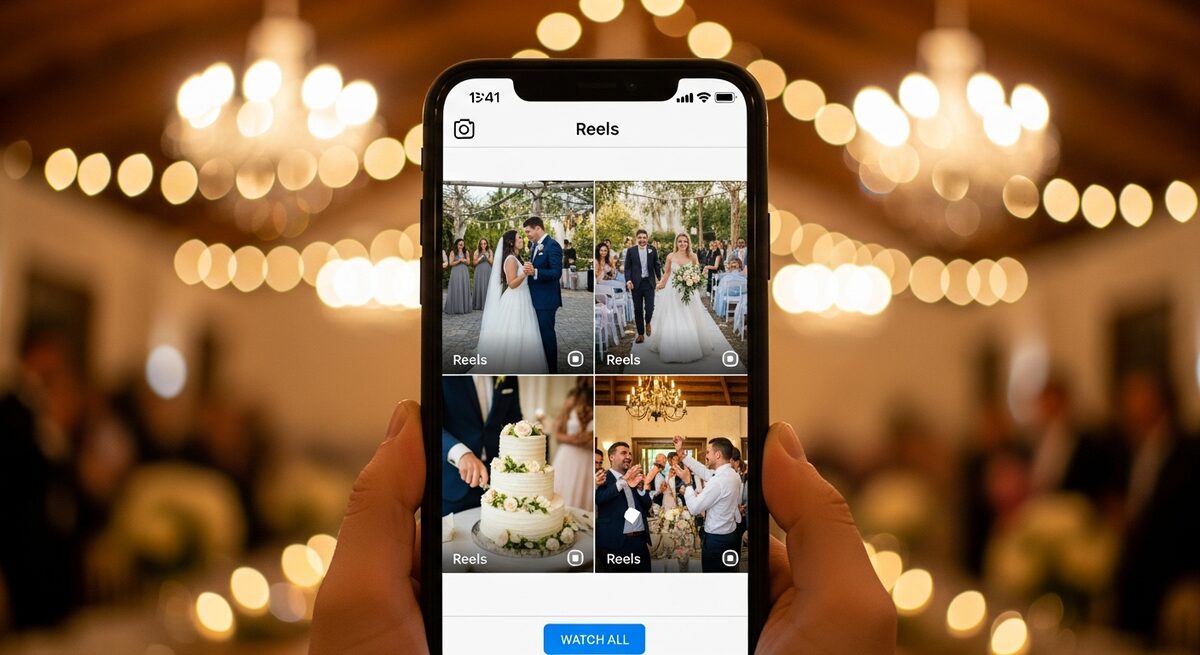 iPhone showing four vertical wedding Reel thumbnails in an Instagram grid — edited and ready to post
