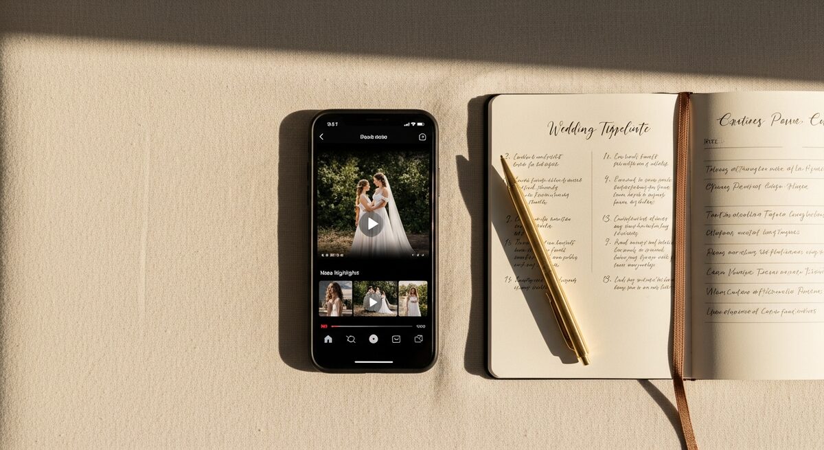 Wedding content creator package flat lay — iPhone showing reel edit, notebook with wedding timeline, gold pen, soft morning light