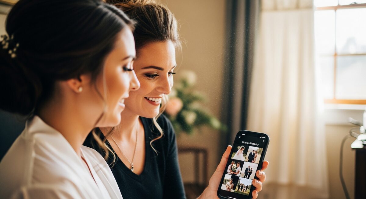 Bride reviewing her wedding raw gallery footage on an iPhone — warm light, candid and intimate