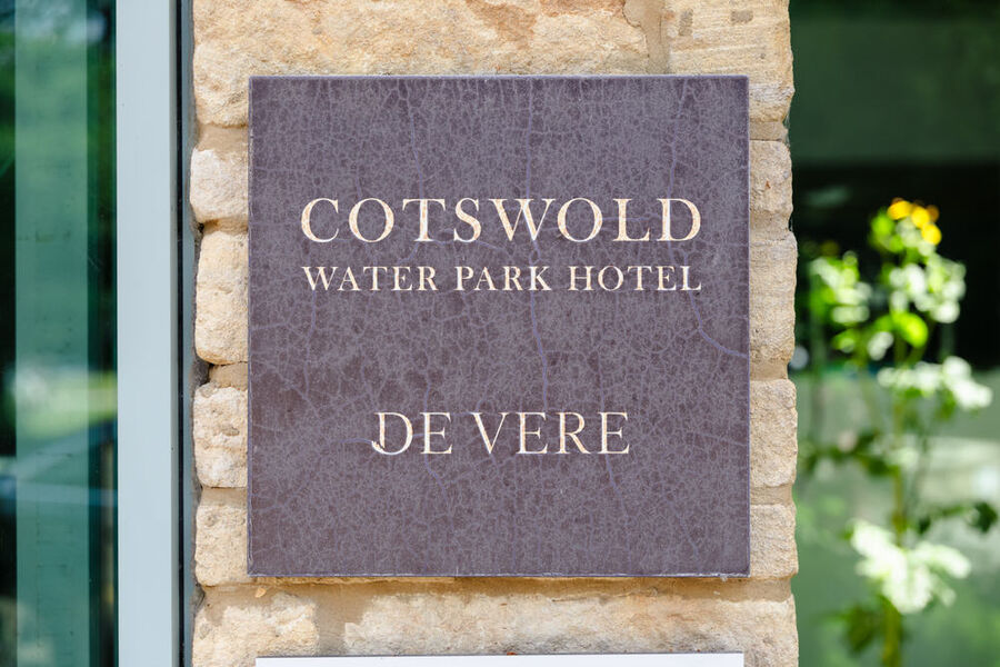 De Vere Cotswold Water Park Hotel entrance sign in South Cerney, Gloucestershire