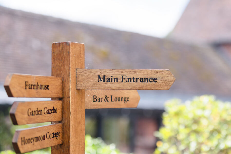 Wooden directional sign at Curradine Barns pointing to the Main Entrance, Bar and Lounge, Farmhouse, Garden Gazebo and Honeymoon Cottage