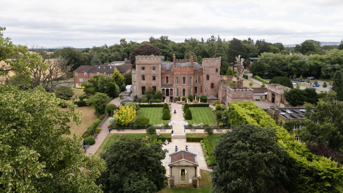 Aerial view of Rowton Castle wedding venue and formal gardens, near Shrewsbury, Shropshire